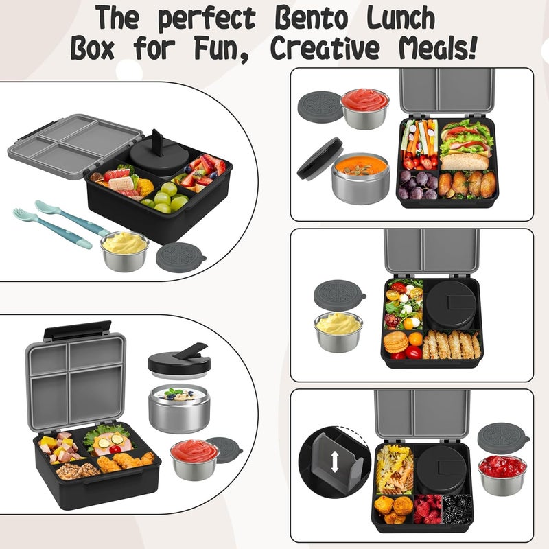 Aimsnk Kids Bento Lunch Box with 8oz Soup Thermo, Kids Leakproof Lunch Food Containers with 4 Compartment,Insulated Hot Food Jar with Lunch Bag for School, Travel (Black) - Image 4